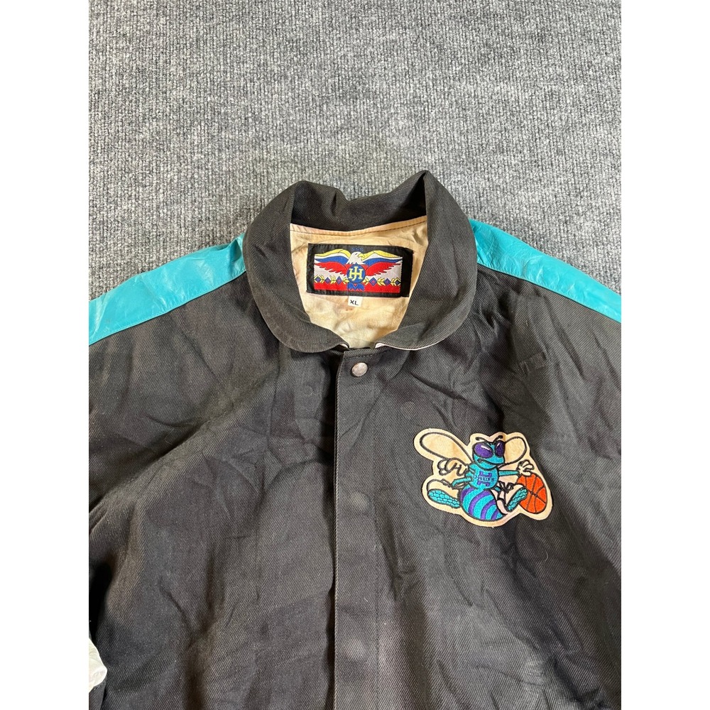 Vintage Jeff Hamilton Charlotte Hornets Leather 90s Varsity Jacket Mens XL Black - Picture 3 of 16